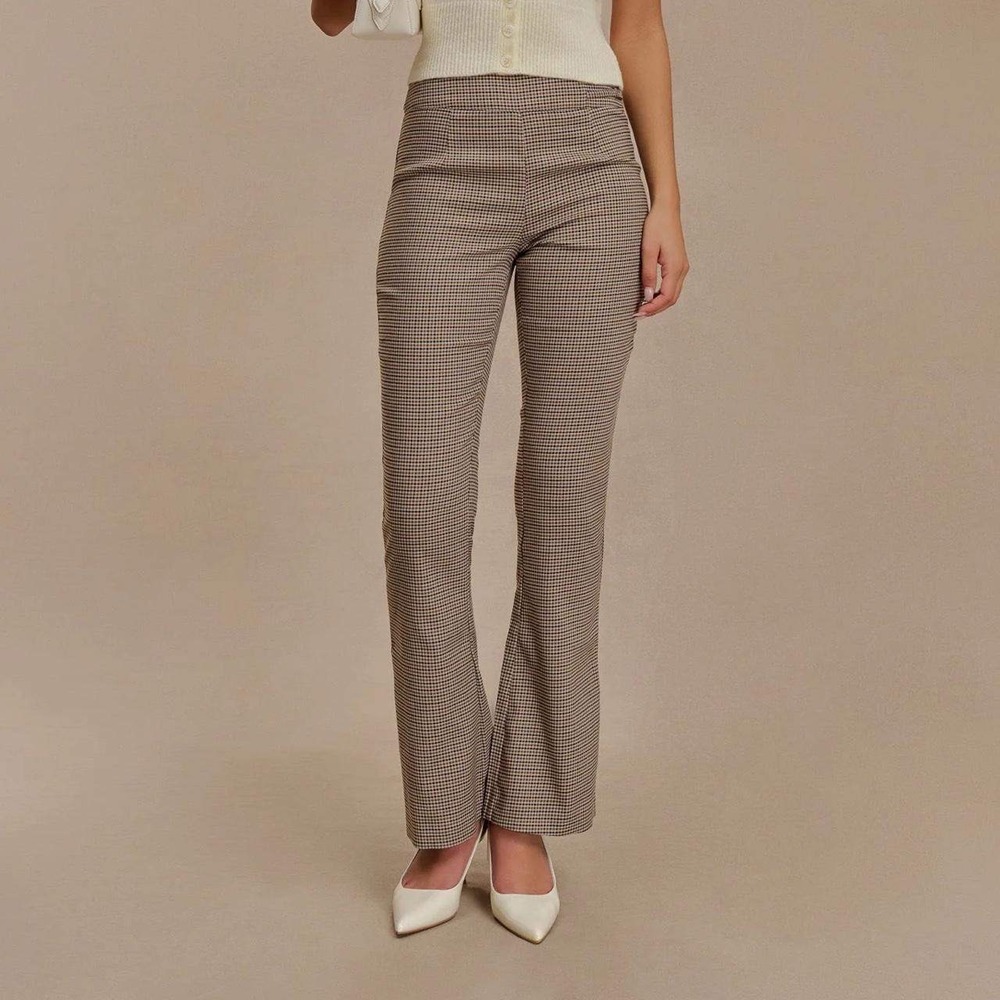 Meshki Sweeney Tan Check Mid Rise Buckle Straight Leg Pant PA07912WD3-TCH-M M